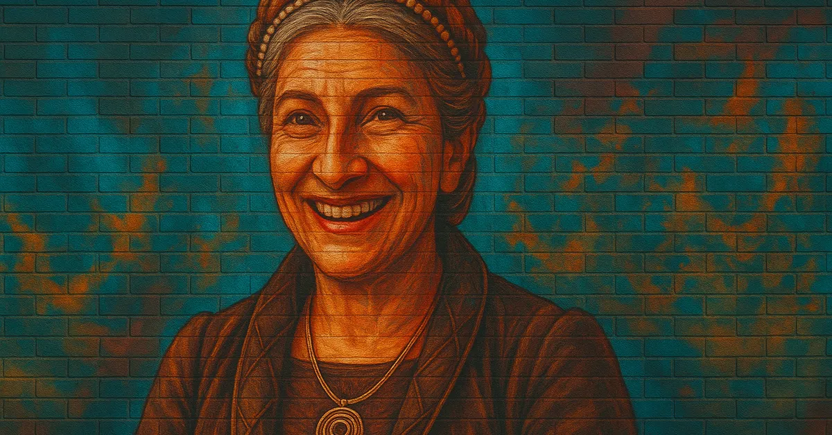 painting of Niamh Fitzgerald, an elderly woman with an elaborate braided hairstyle and a warm smile wearing a medallion