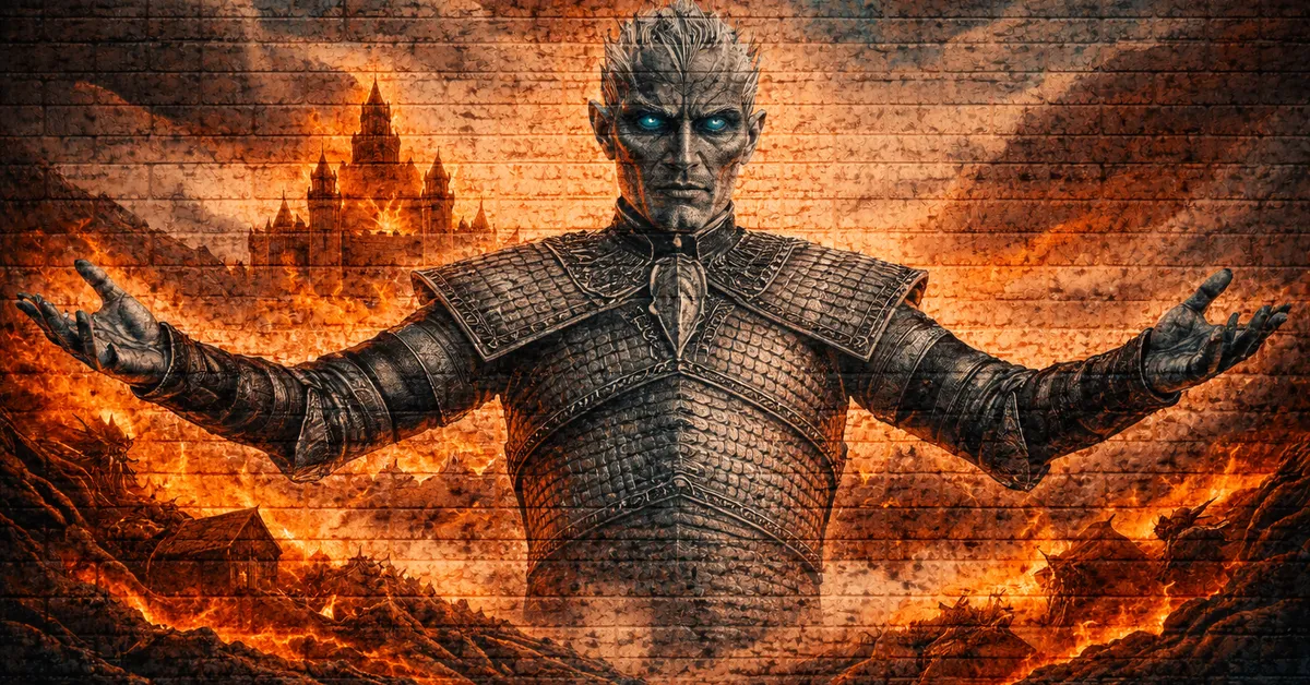 The Night King, arms wide to say, I am King as he watches the fires burn in every direction