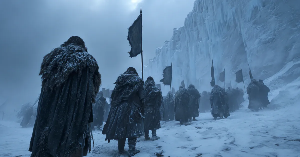 Night's Watch brothers clad in mismatched black furs and leathers stand in deep snow at the base of the colossal weeping ice Wall at Castle Black holding tattered plain black banners
