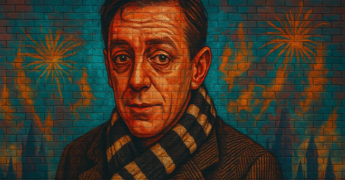 street art portrait of Nobby Leach, a man in a coat and scarf with a serious expression against a background of fireworks representing the Muggle-born Minister