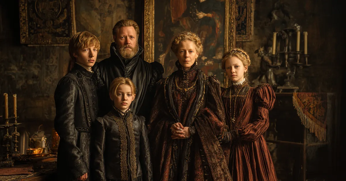 A serious noble family in rich velvet and leather stands for a portrait in a dimly lit Great Hall capturing the tense dynastic atmosphere of the Seven Kingdoms
