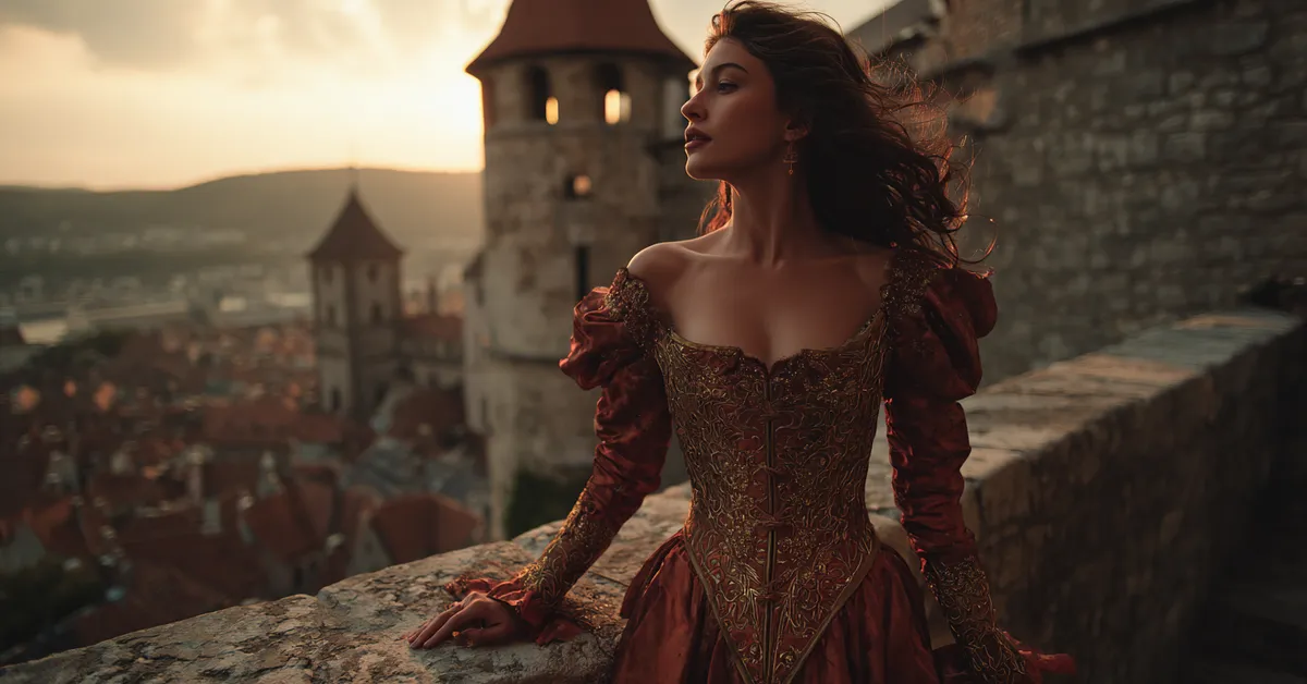 A noblewoman in an intricate silk gown stands on a stone balcony overlooking a medieval city at sunset representing the powerful women of the southern courts