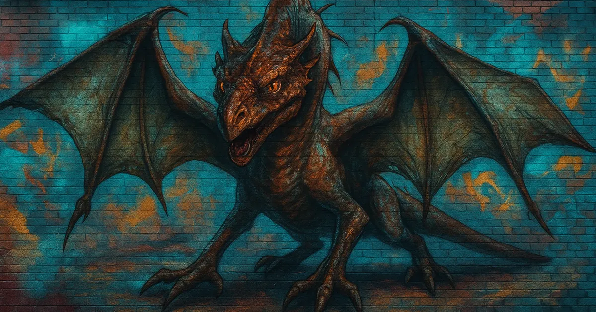 mural of Norbert The Norwegian Ridgeback Dragon depicting a small spiky dragon with large wings standing on a blue brick wall
