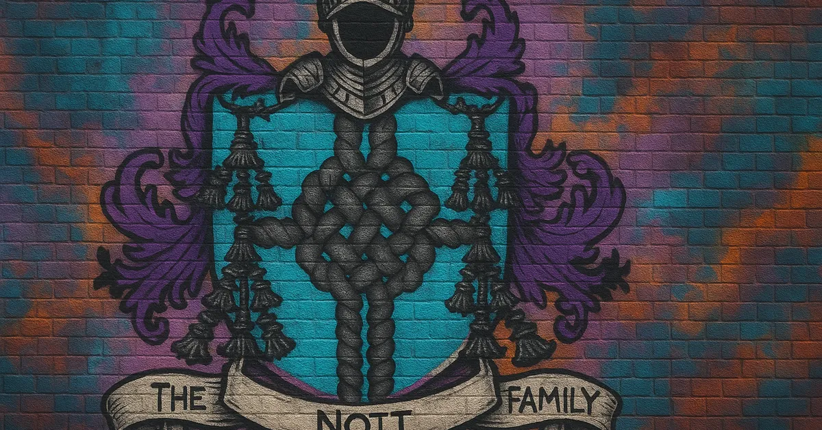 graffiti mural of the Nott Family crest featuring a complex black knot design with tassels on a blue shield topped with a knight's helmet