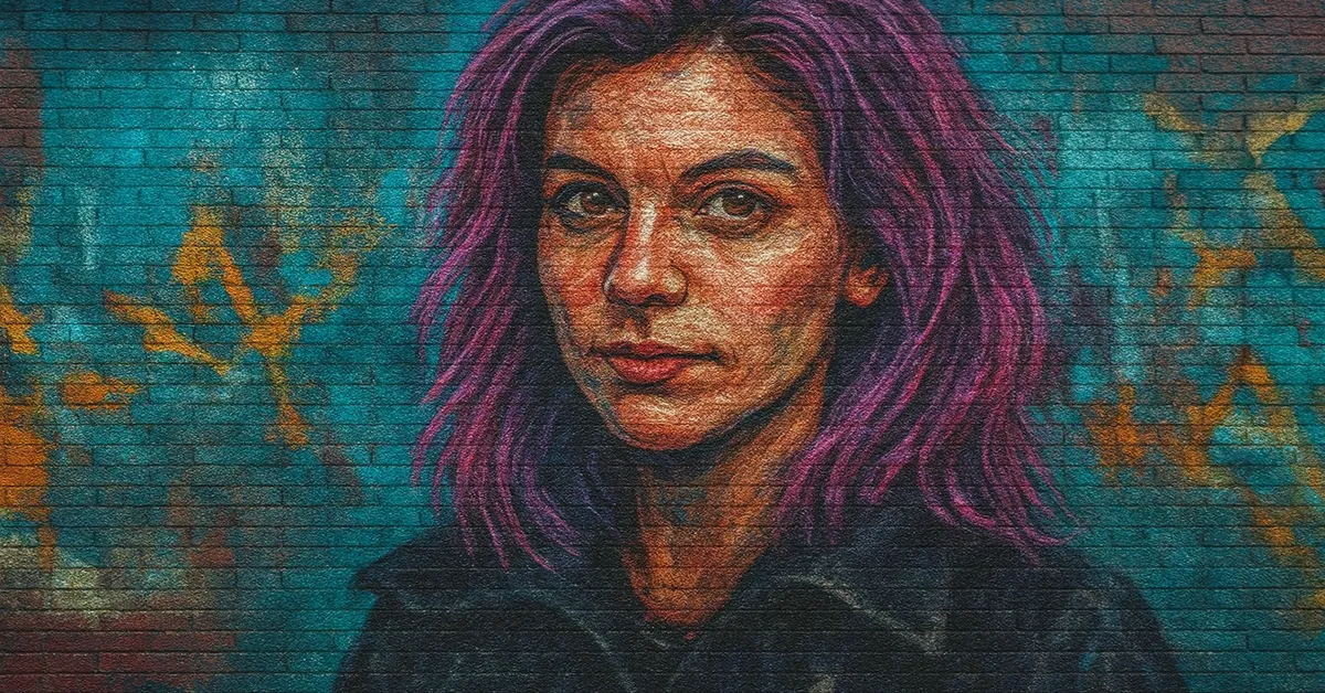 hyper-realistic street art of Nymphadora Tonks featuring a woman with vibrant purple hair and a leather jacket looking confident on a brick background