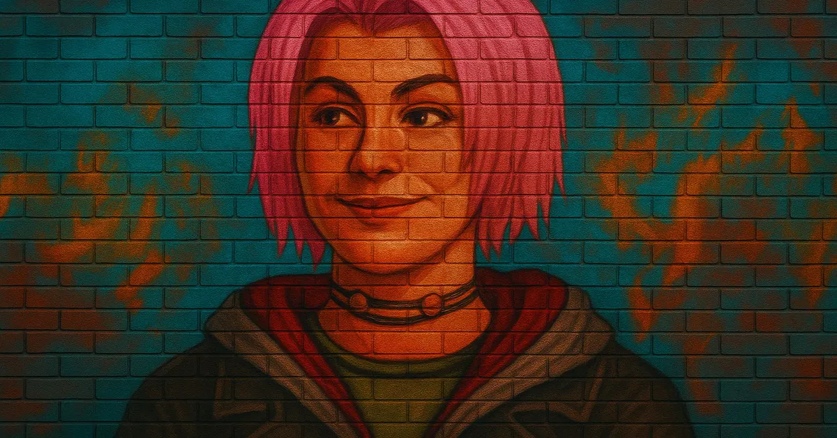 A mural of Nymphadora Tonks with short pink hair wearing a black jacket and choker necklace against a blue and orange brick wall