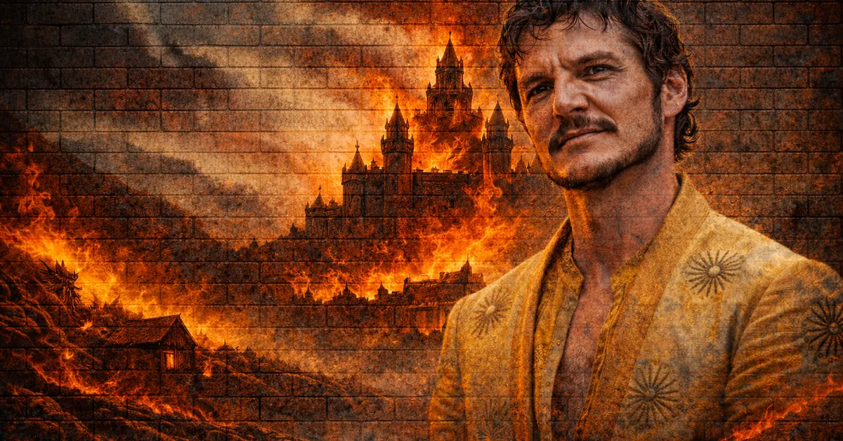 Oberyn Martell stands smiling in yellow shirt with sparkels as his castle burns with wild and hot flames behind him