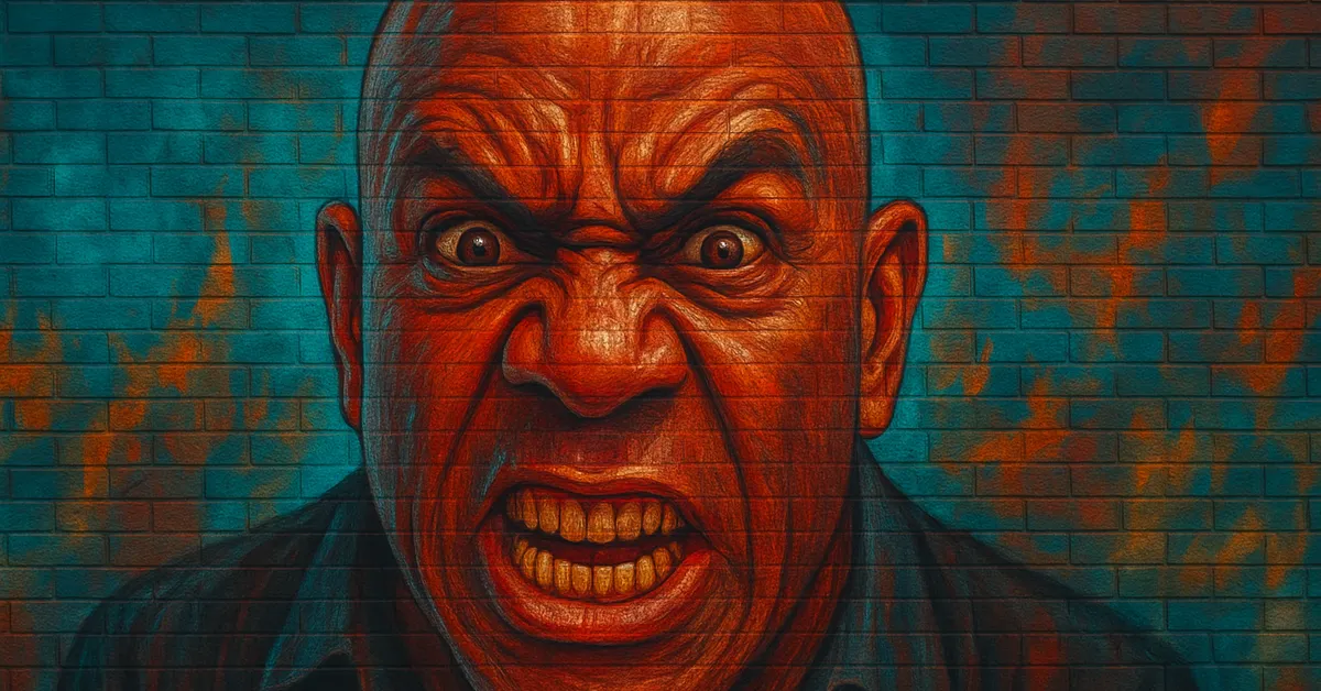 graffiti portrait of Ogg, a bald man with a fierce expression and gritted teeth wearing a dark shirt representing the former gamekeeper