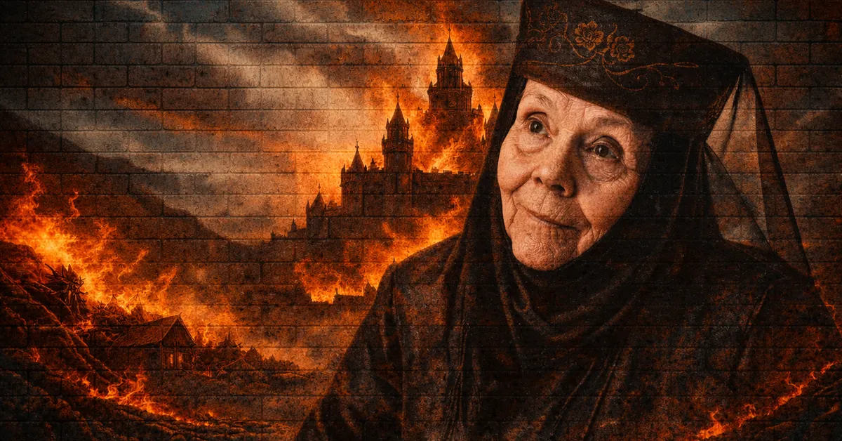 Olenna Tyrell sits and looks smug. her black headpiece for fake mourning is ready as the world of castles behind her melts in flames