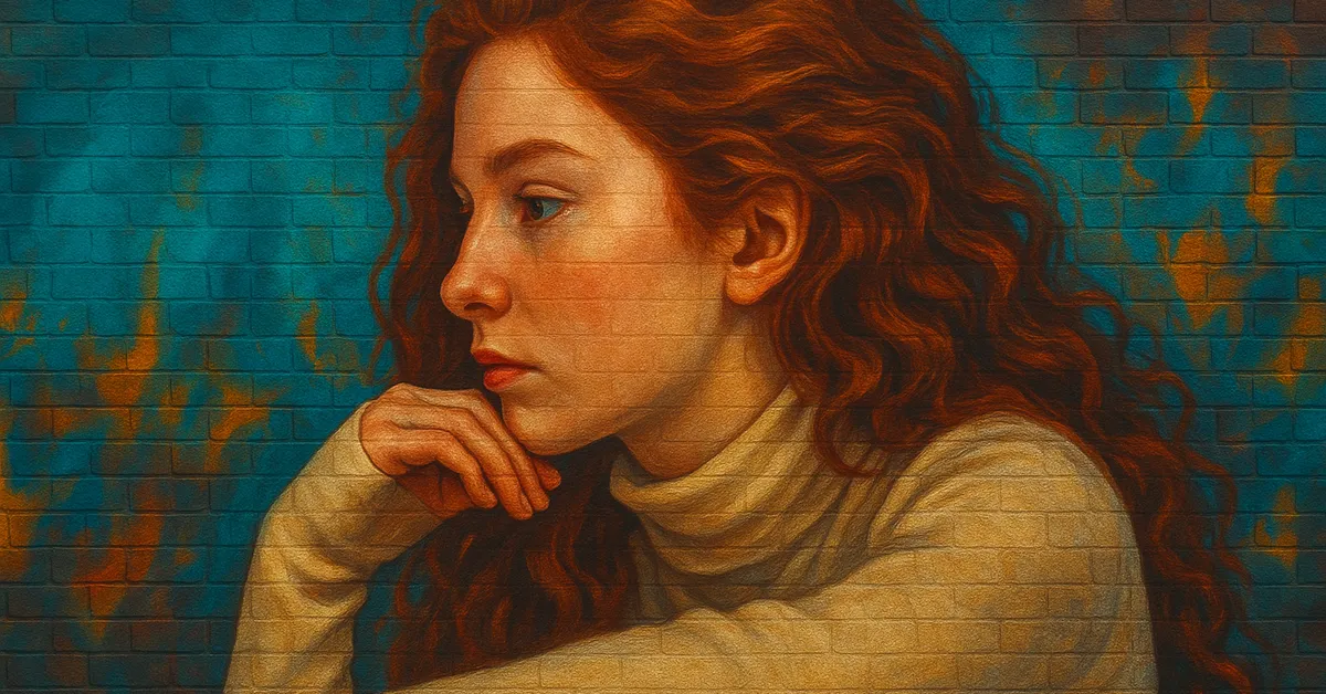 painting of Olive Hornby as a young woman with long curly red hair and a thoughtful expression leaning on her hand