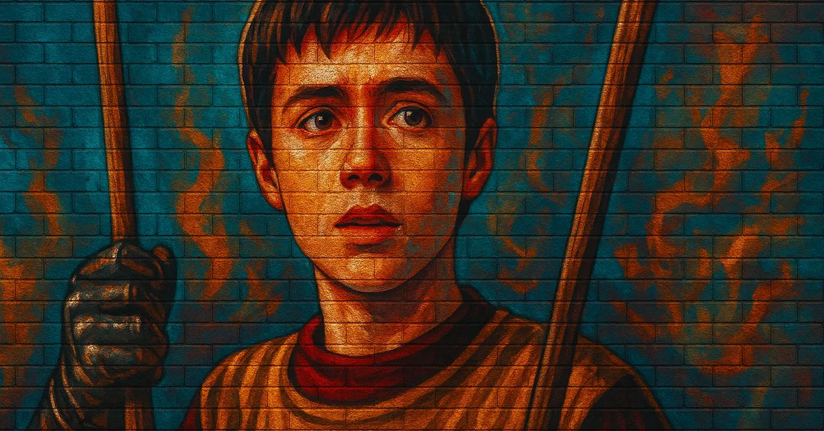 street art of Oliver Wood, a young wizard with short dark hair holding a broomstick and looking upward with a focused determination