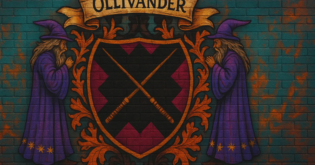 graffiti mural of the Ollivander Family crest featuring two crossed wands on a shield flanked by wizard supporters under the family name banner