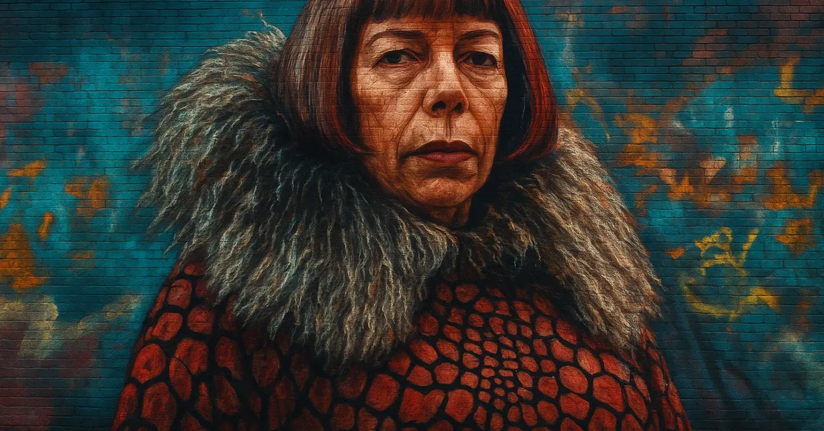 hyper-realistic painting of Olympe Maxime The Half-Giant, a woman with bobbed hair and a fur collar looking stoic against a blue brick wall