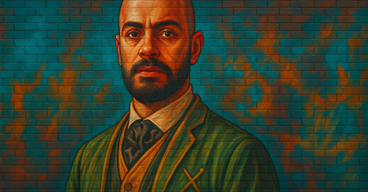 street art portrait of Omar Abasi, a bald man with a beard and intense eyes wearing a green jacket with crossed wands or bats on the pocket