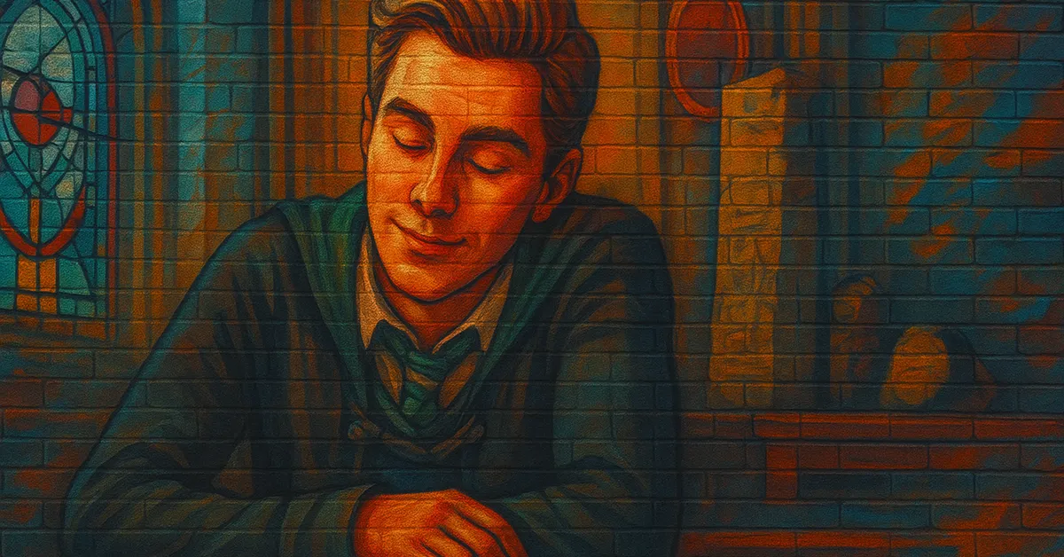 mural of Ominis Gaunt, a young wizard with closed eyes and a peaceful expression leaning on a surface wearing Slytherin robes