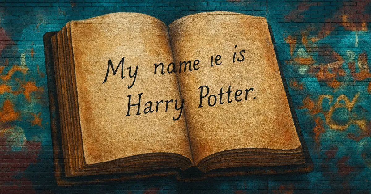 A mural of an open book with the handwritten words My name is Harry Potter across the pages on a blue and orange brick wall