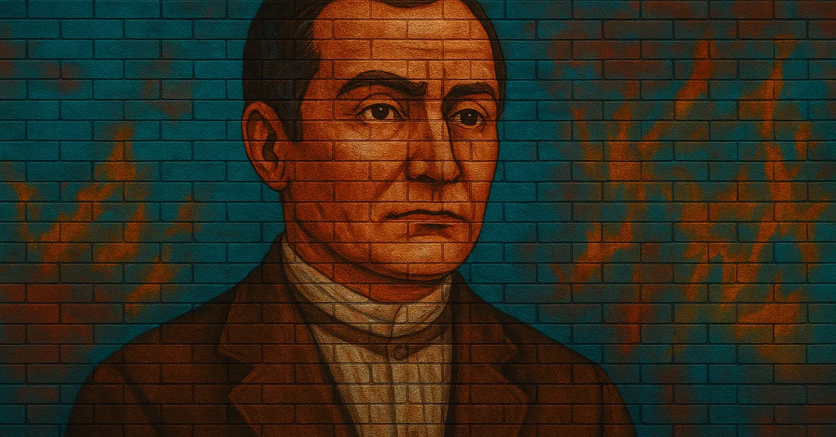 painting of Orion Black, a man with dark hair and a stern authoritative expression wearing a formal suit on a brick surface