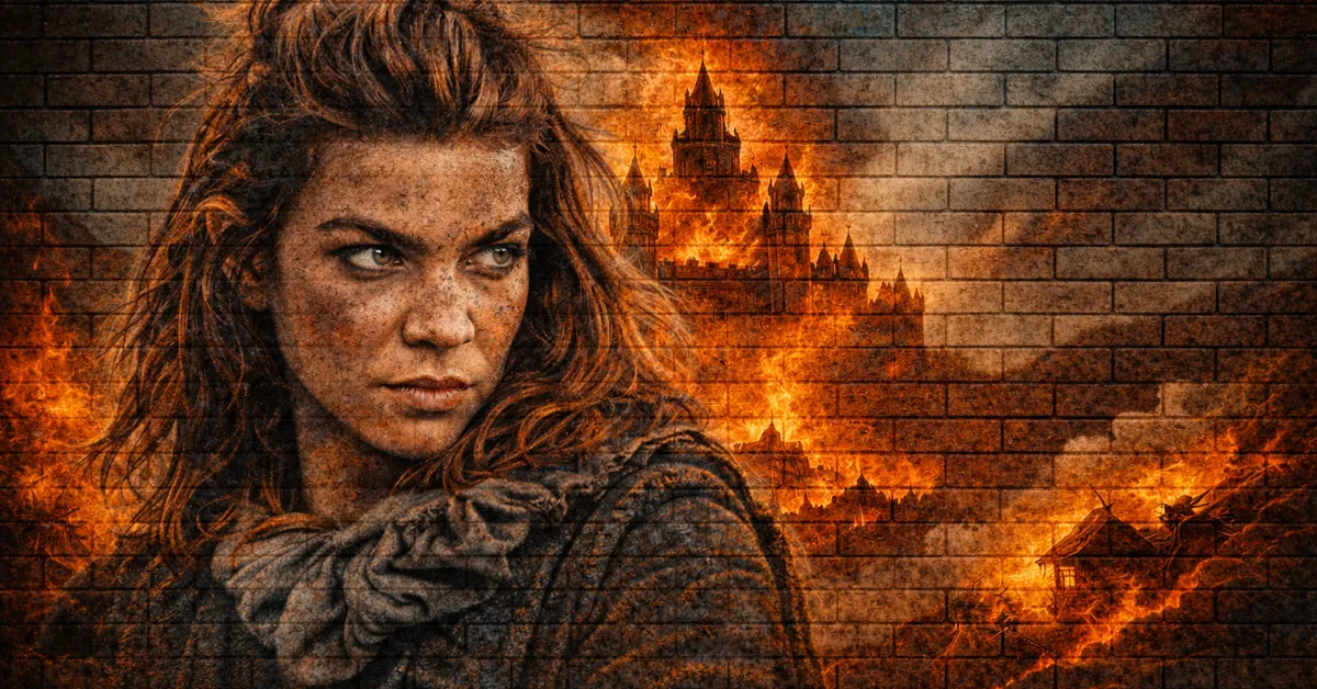 Osha stares with a menance towards her friends as her home burns behind her. Her gaze is unbroken