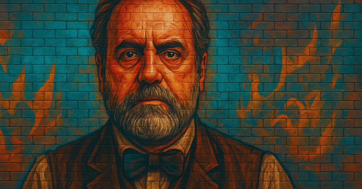 hyper-realistic street art of Otto Eduard, a middle-aged man with a beard and mustache wearing a bowtie and vest with a serious expression