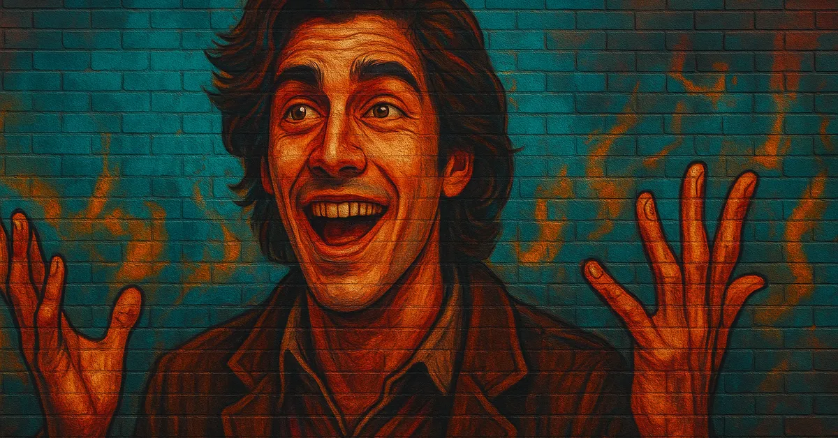 street art portrait of Panju Weasley featuring a man with dark hair laughing hysterically with his mouth wide open