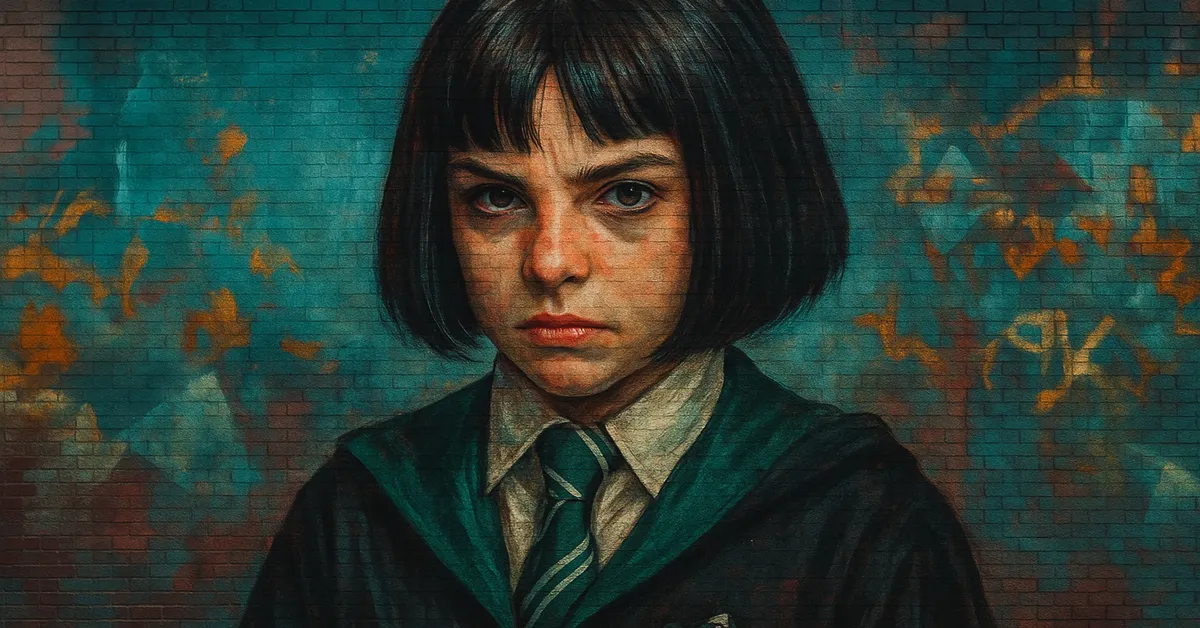 mural of Pansy Parkinson showing a girl with a sharp bob haircut and a pug-faced scowl wearing Slytherin robes