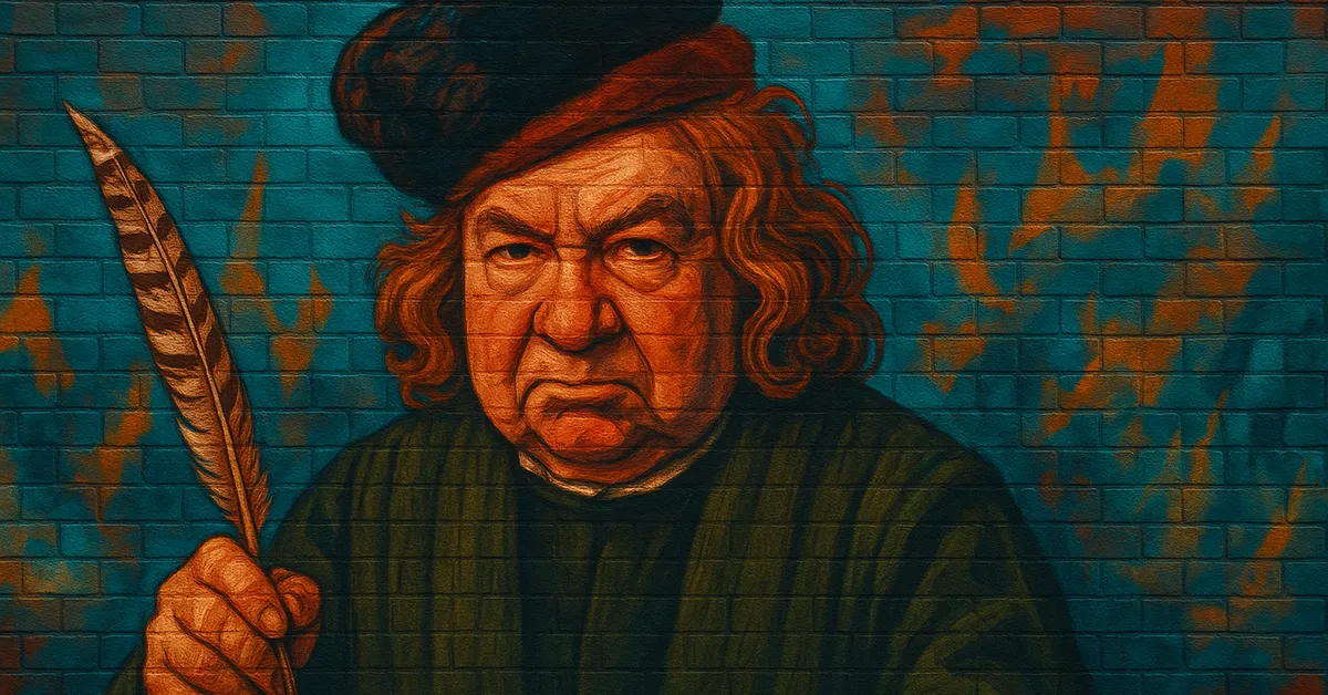 painting of Paracelsus as a portly wizard with a flat cap holding a large feather quill with a serious expression