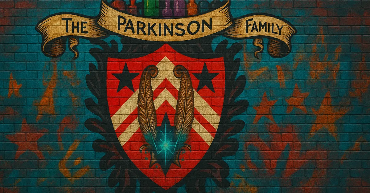 graffiti mural of the Parkinson Family crest featuring two large feathers and stars on a red and white chevron shield