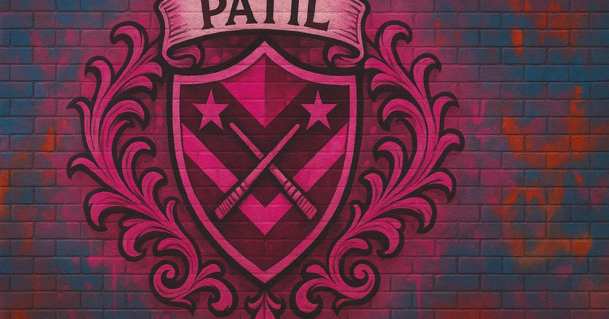 mural of the Patil Family crest displaying two crossed wands on a pink shield surrounded by decorative swirls on a brick wall