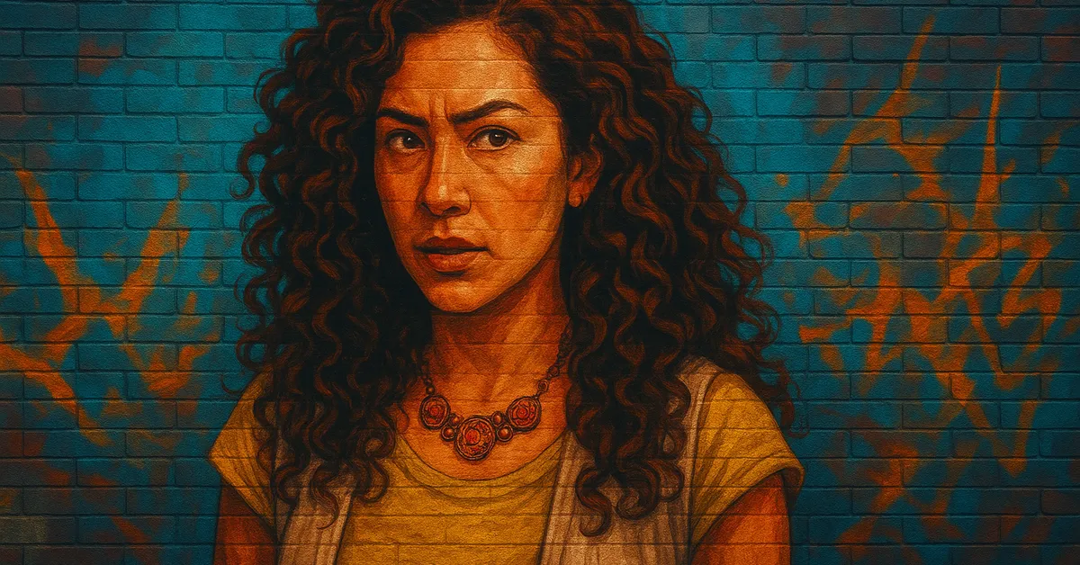 graffiti portrait of Patricia Stimpson, a young woman with voluminous curly hair and a worried look wearing a yellow top