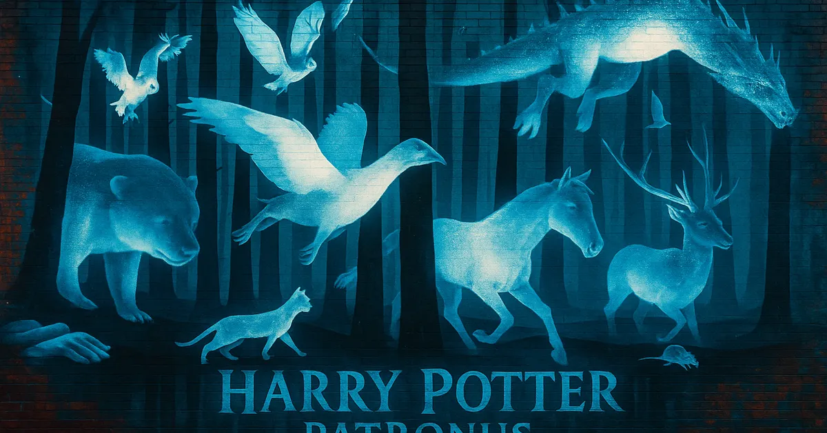 a mural of multiple glowing blue patronus animals in a dark forest including a stag a horse and several birds clearly linking the scene to defensive magic from the books