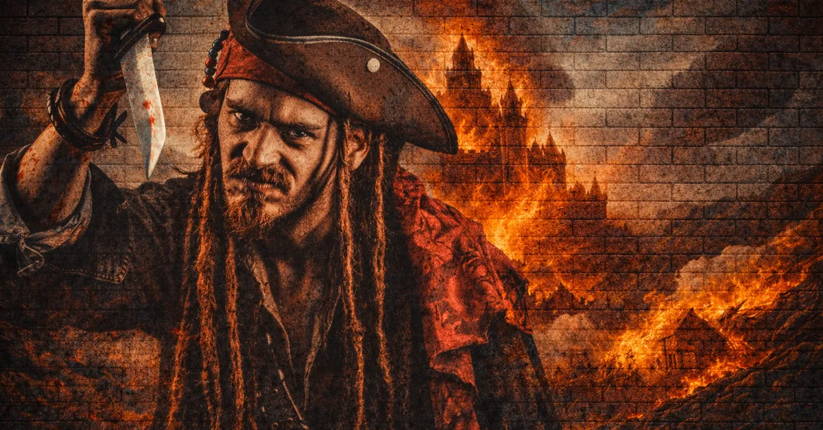 Paxter Redwyne raises his sailors knife as behind him the land he plundered burns to the ground