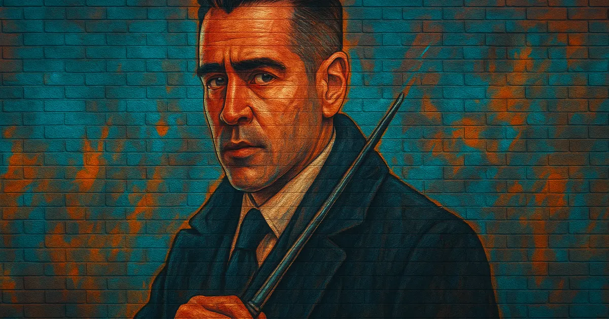 mural of Percival Graves depicted as a stern man with dark hair and a coat holding a wand with an intense gaze