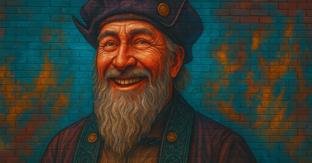 painting of Percival Rackham, an elderly wizard with a white beard and a blue hat smiling warmly