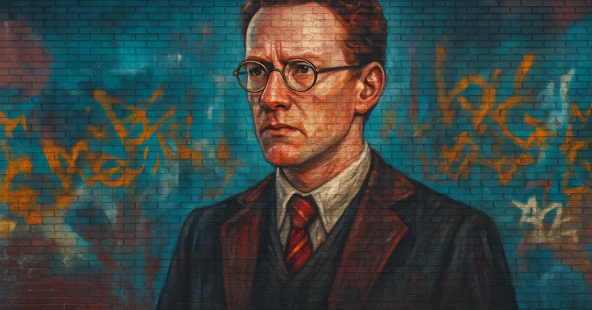graffiti portrait of Percy Weasley wearing horn-rimmed glasses and a suit with a serious pompous expression