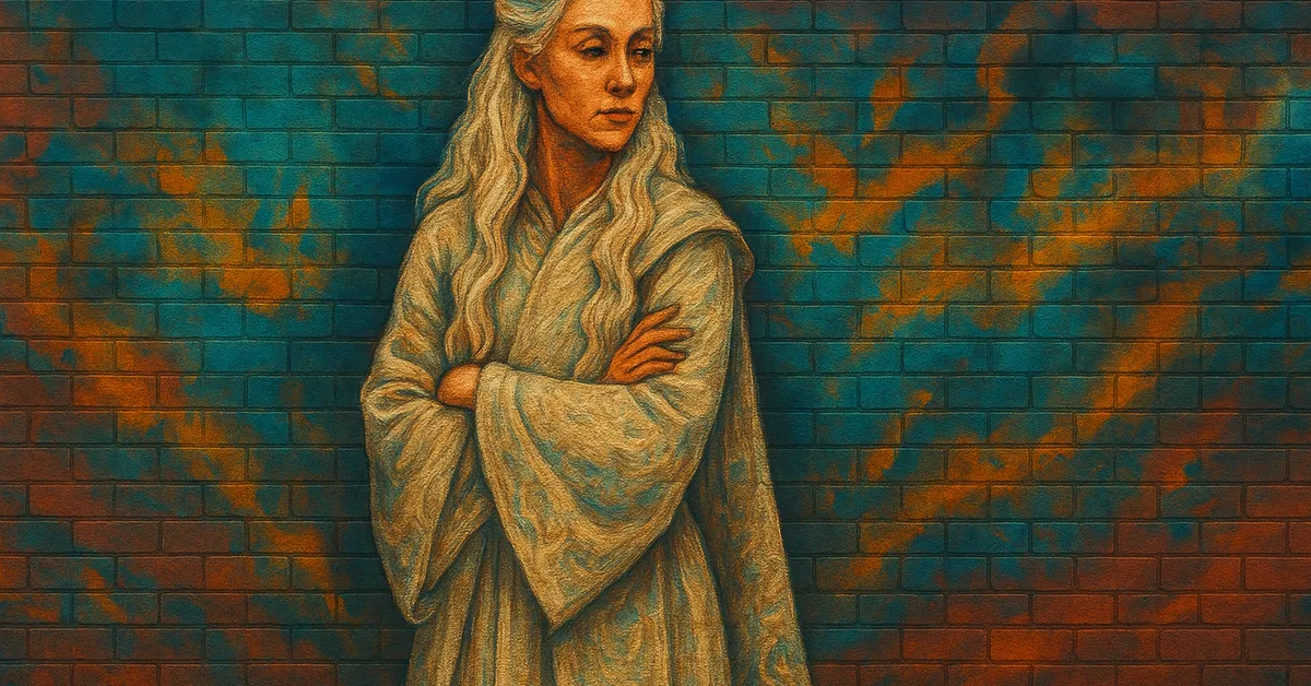 mural of Perenelle Flamel, an elderly woman with long white hair and white robes standing with arms crossed looking serene