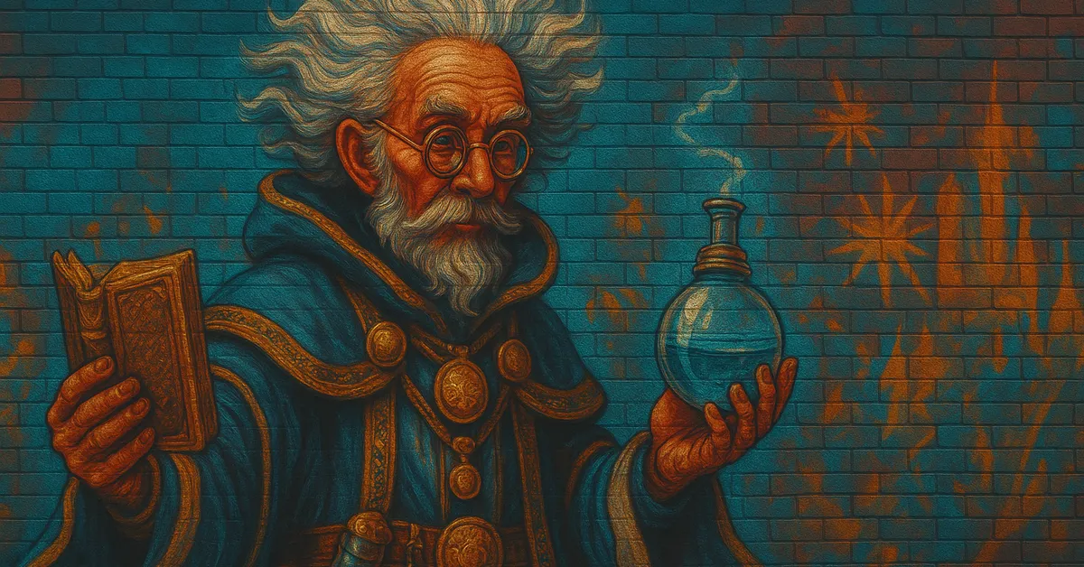 graffiti art of Perkins, an elderly wizard with wild white hair and glasses holding a book and a blue potion