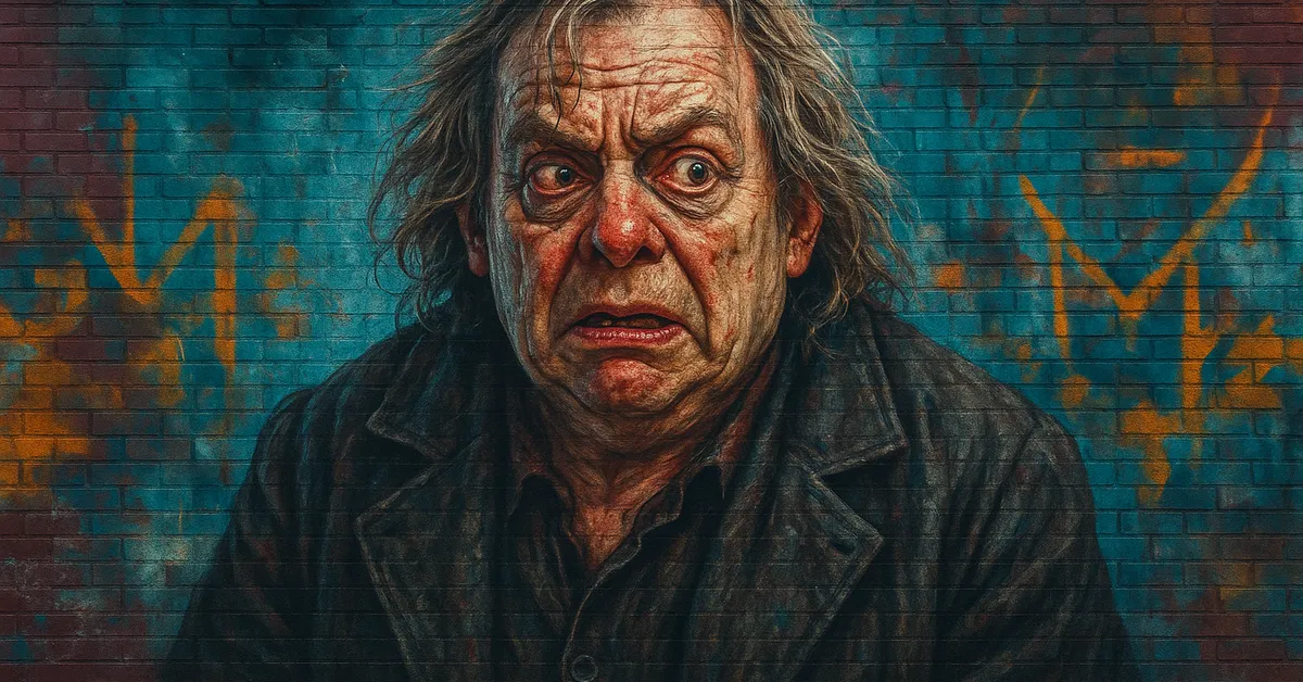 hyper-realistic street art of Peter Pettigrew, a man with rat-like features and a terrified expression wearing shabby clothes