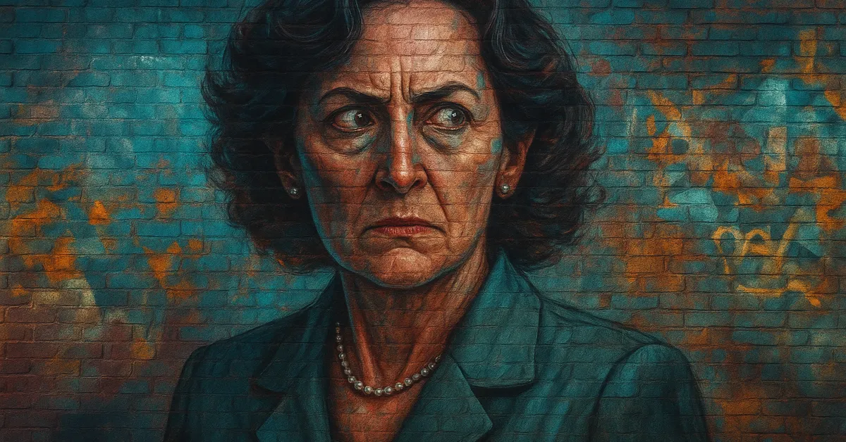 painting of Petunia Dursley, a woman with a long neck and dark hair wearing a stern disapproving expression