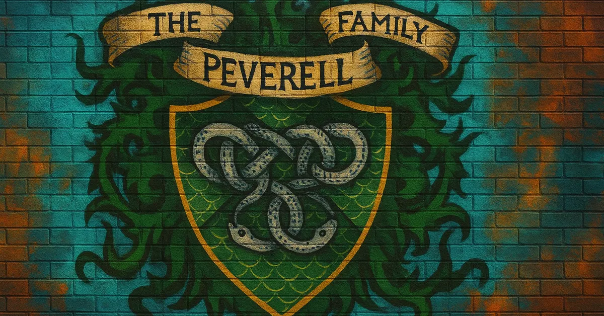 graffiti mural of the Peverell Family crest featuring the Deathly Hallows symbol on a green shield with three serpents