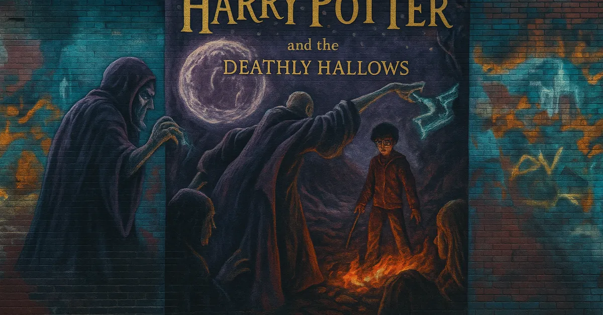 A mural of Harry Ron and Hermione with Hedwig flying above them against a blue brick wall