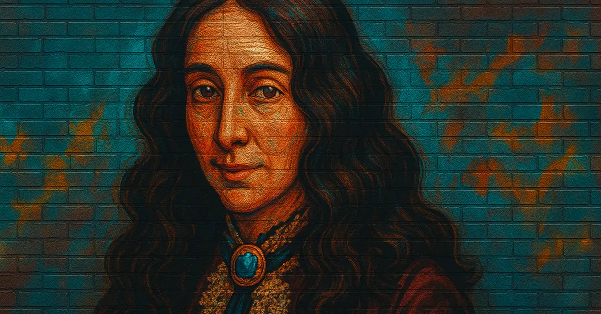 street art portrait of Phyllida Spore, a woman with long dark wavy hair and a blue brooch wearing Victorian-style clothing