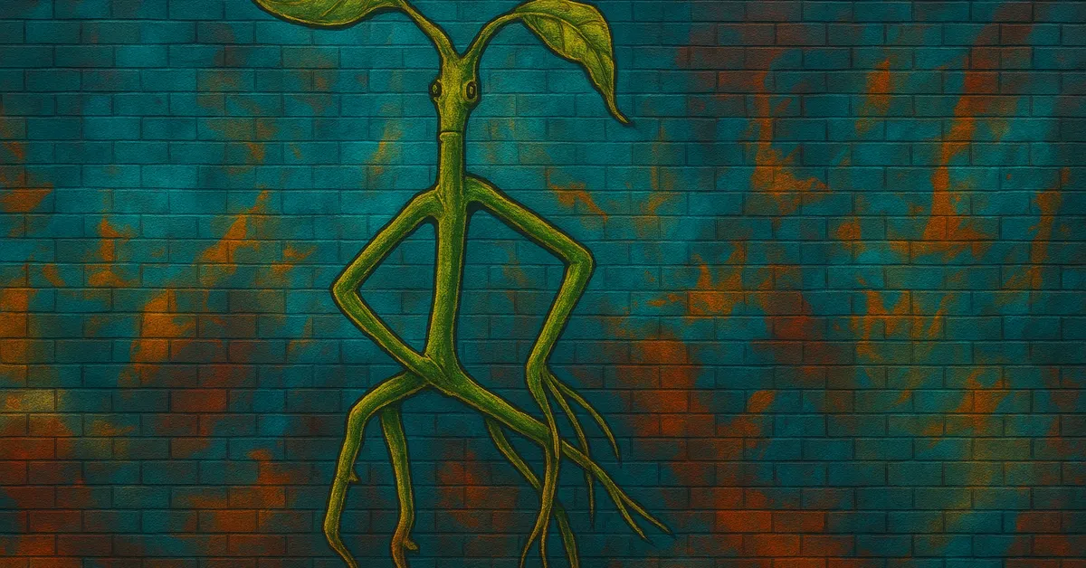 mural of Pickett The Bowtruckle depicting a small green stick-like creature standing with hands on hips against a blue brick wall