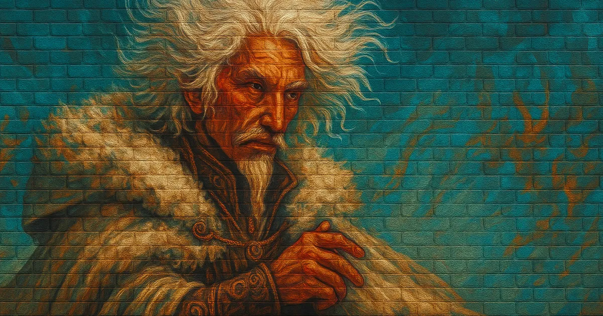 graffiti portrait of Pierre Bonaccord, an elderly wizard with wild white hair and a beard wearing fur-lined robes and holding a hand up