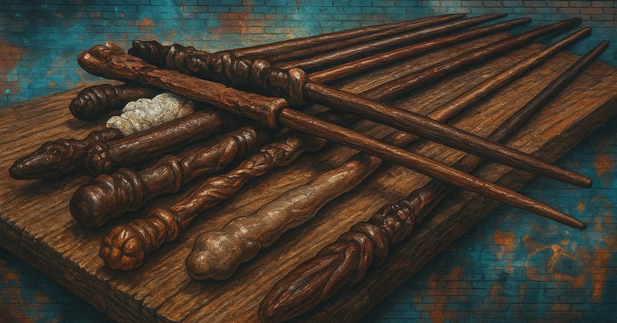 A mural of a pile of carved wooden wands resting on a wooden board each wand showing different shapes textures and details