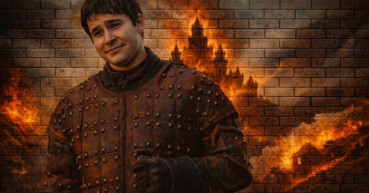 Podrick Payne looking pleased with himslef, short hair, armour on as nehind him a kingdom burns with rage