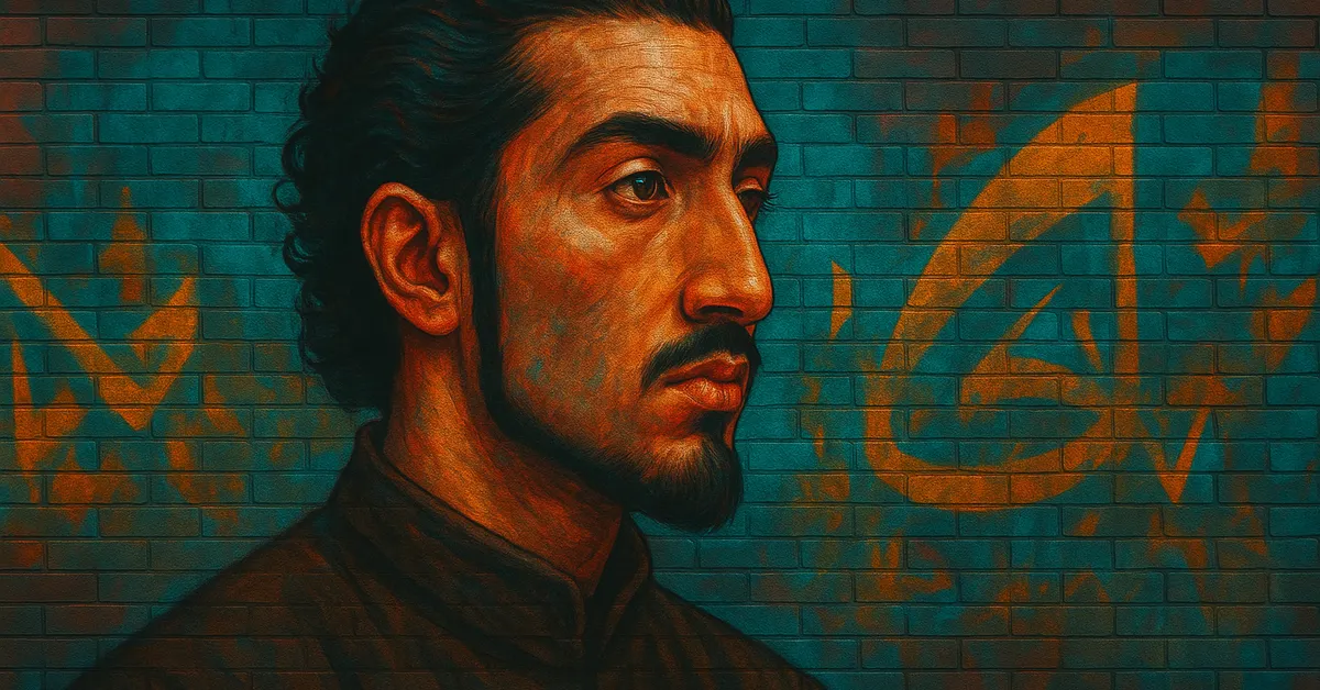 painting of Poliakoff, a young man with dark curly hair and a beard wearing a dark coat and looking sideways