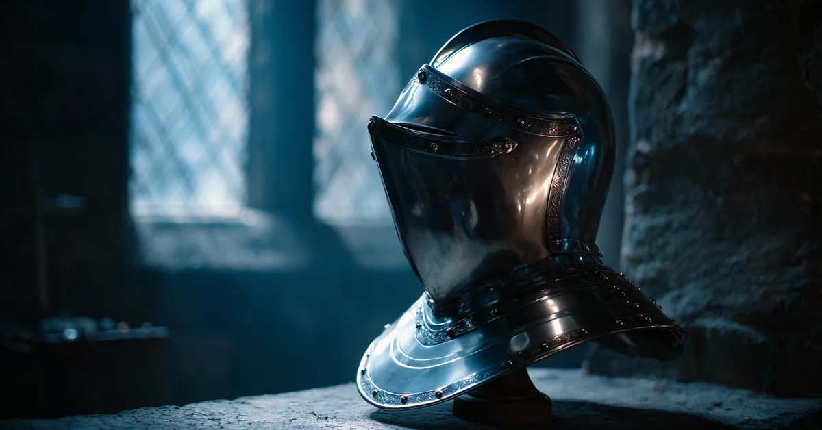 A polished steel breastplate armor rests on a stand in a dark stone room reflecting a distorted human face in the metal surface