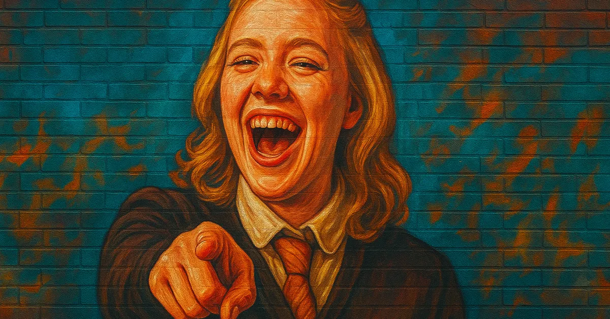 street art portrait of Polly Chapman, a laughing young woman with blonde wavy hair pointing directly at the viewer