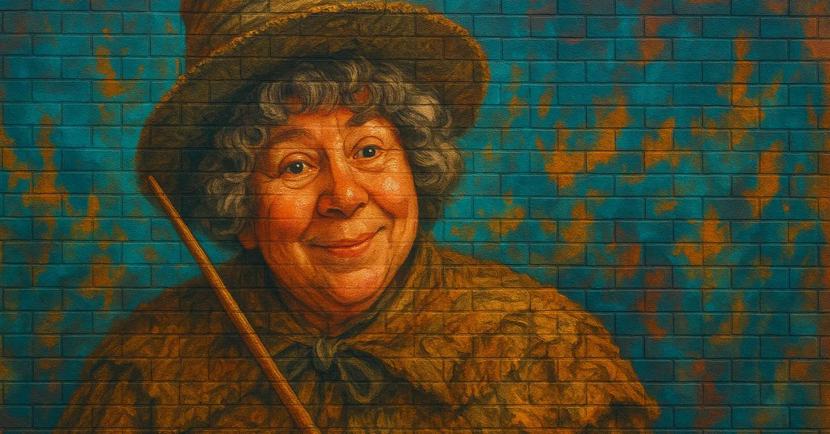 graffiti mural of Pomona Sprout, a cheerful elderly witch with a patched hat and messy hair holding a wand and smiling warmly
