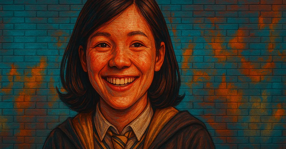 graffiti portrait of Poppy Sweeting, a smiling young Hufflepuff student with short dark hair and a warm expression